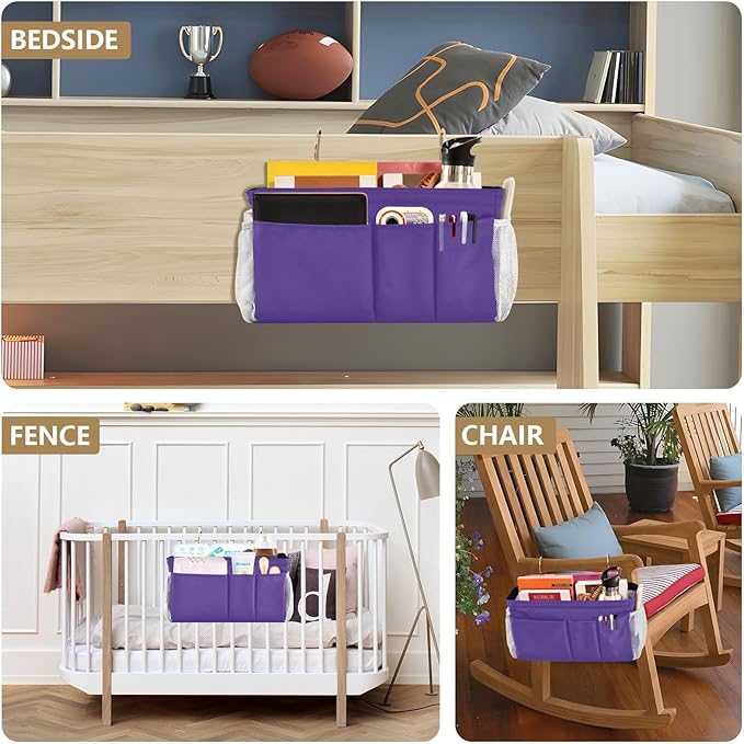 Dark Purple Bedside Caddy Storage Bag Bedside Organizer for Bunk Bed Headboards College Bedside Shelf Hanging Organizer 6 Pockets with Hooks for Magazine Water Bottle Holder