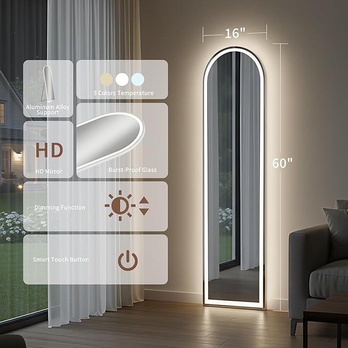 Arched Full Length Mirror with LED Lights, 60"x16" LED Floor Mirror with Stand, Body Floor Mirrors with Dimming & 3 Color Lighting, Wall Mounted LED Mirrors for Bedroom, Dressing Room, Cloakroom