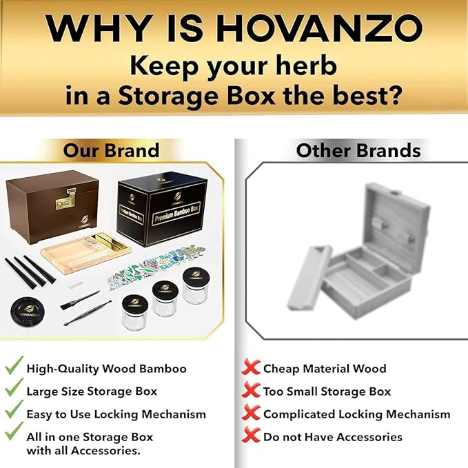 HOVANZO Premium Large Bamboo Storage Box with Removable Tray - Storage Wood Box for Herbs and Accessories - Storage Box Set with Combination Lock - Smell Proof Container with Accessories