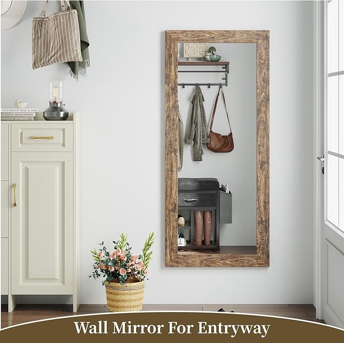Syndra Modern Full Length Mirror Wood Frame, 56x20'' Large Floor Mirror with HD Tempered Glass & Wall Mount Option, Rectangular Standing Mirror for Bedroom, Living Room, Entryway, Farmhouse(Walnut)