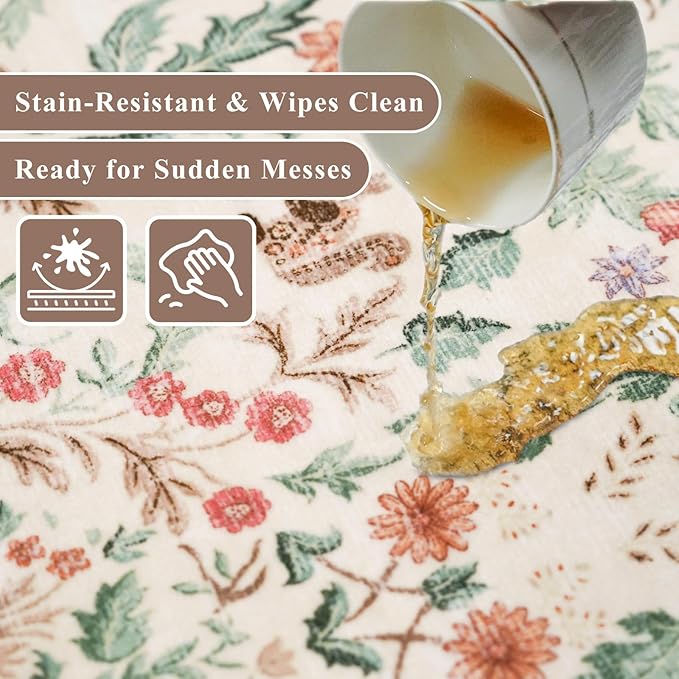2x5 Non-Slip Washable Runner Rug –Botanical Vintage Florals Small Rug for Hallway, Kitchen, Bathroom, Bedroom, Entryway, Laundry Room – Thin Soft Low-Pile Rubber Backing (Cream, 2x5)
