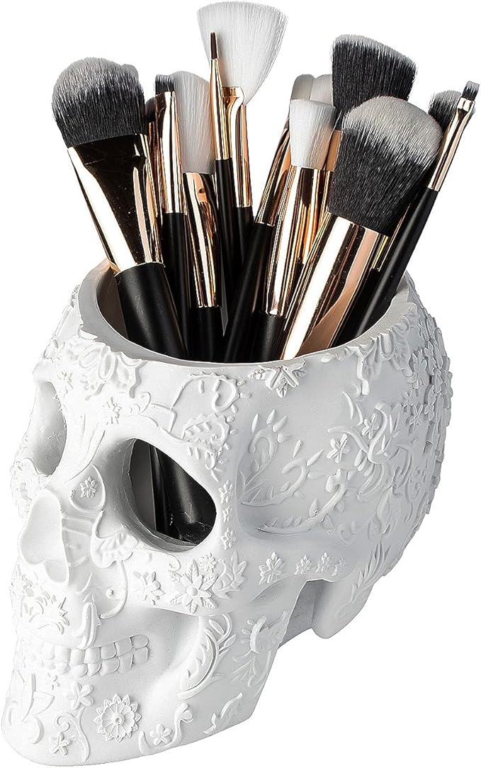 Skull Makeup Brush, Candy Bowl & Pen Holder, Bowl, Spooky Goth Decorations, Extra Large, Strong Resin, Skeleton Skulls and Bones Organizer Bathroom Trick Or Treat Decor by Gute (White)