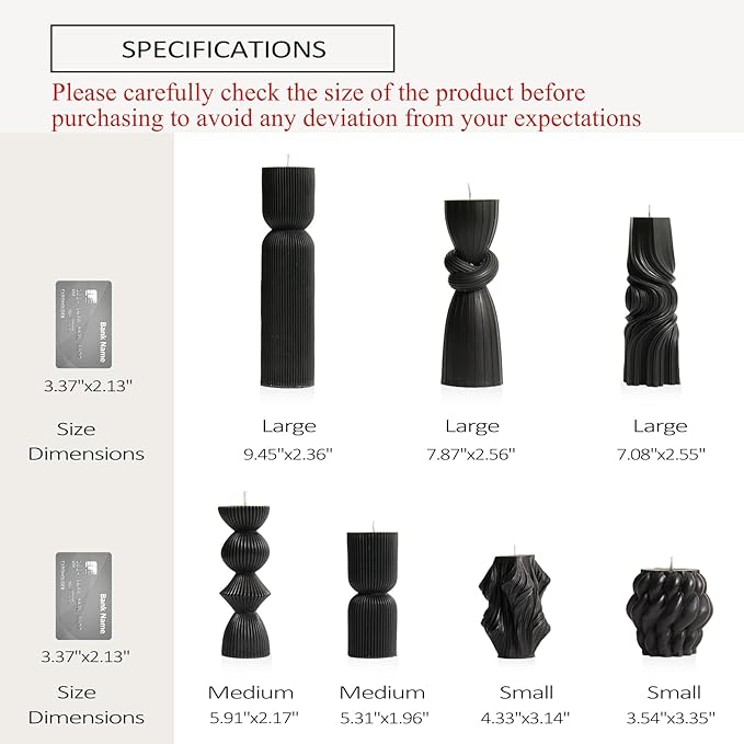 7-Pack Pillar Candles - Soy Wax Handmade Ribbed Candles for Home Decor, Housewarming Gift, Shelf & Table Decor - Aesthetic Modern Candles Set (Black)