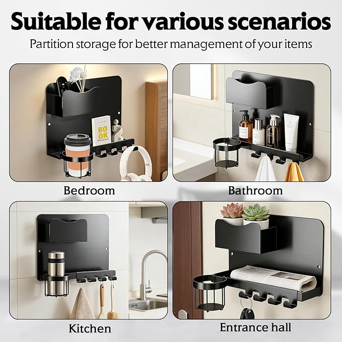 SPOKKI Floating Bedside Wall Shelf Organizer with Remote Control Holder;Metal Adhesive Wall Mount Nightstand Shelf for Bedroom;Dorm Room Essentials;Bed Shelf for Phone,Earphone,Kindle (Black)