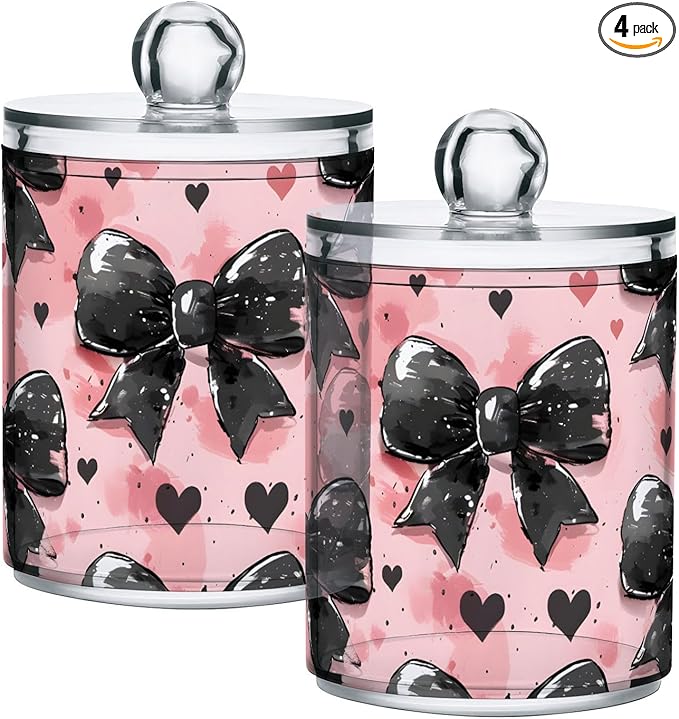 4 Pack Qtip Holder Dispenser Black Bow Heart Pink Cotton Ball Cotton Swab Round Pads Floss Clear Bathroom Storage Containers Plastic Apothecary Jars with Lids