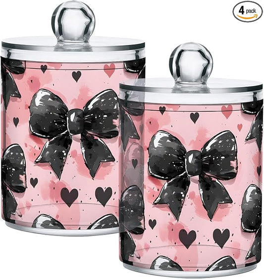 4 Pack Qtip Holder Dispenser Black Bow Heart Pink Cotton Ball Cotton Swab Round Pads Floss Clear Bathroom Storage Containers Plastic Apothecary Jars with Lids