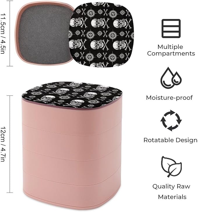Earring Holder Organizer Jewelry Box with Mirror 3D Pirate Skull Black 4-Layer Rotatable Jewelry Storage Case for Women