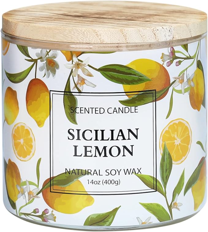 Lemon Candle, Sicilian Lemon Scented Candle, Large 3 Wicks Candle, 14 oz