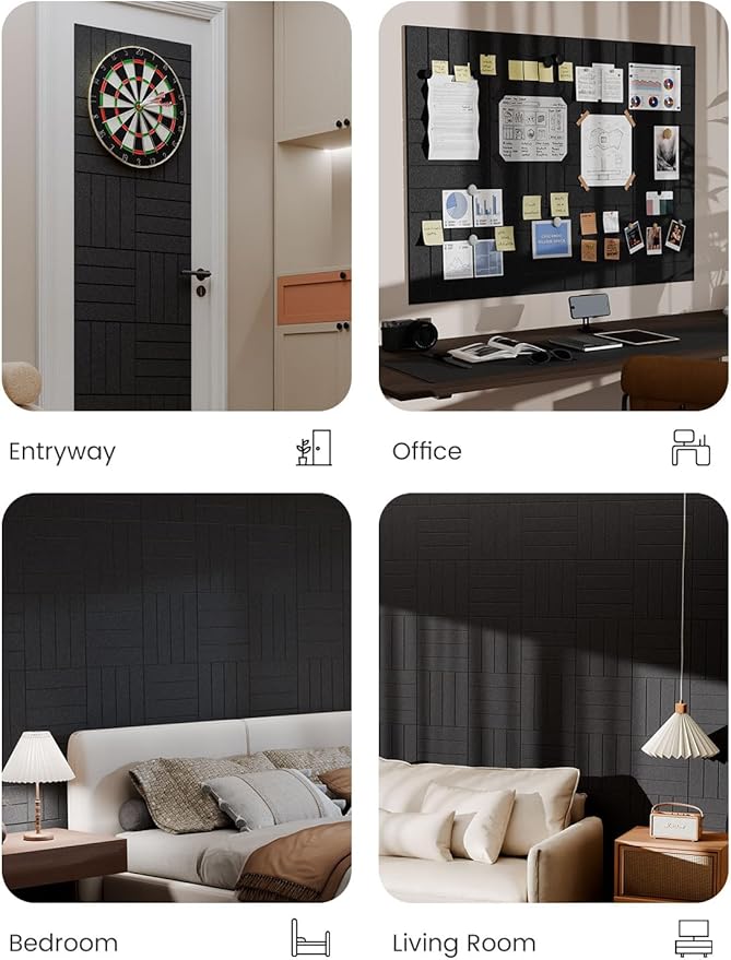 Bumusty Large Cork Board Alternative-48 x 36" Felt Bulletin Board Tiles, with 30 Pushpins, 70 Adhesive Tabs, Bold-Stripe 12-Pack, Cork Boards for Office Push Pin Board Felt Board-Black