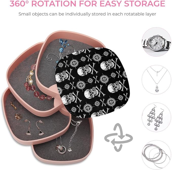 Earring Holder Organizer Jewelry Box with Mirror 3D Pirate Skull Black 4-Layer Rotatable Jewelry Storage Case for Women