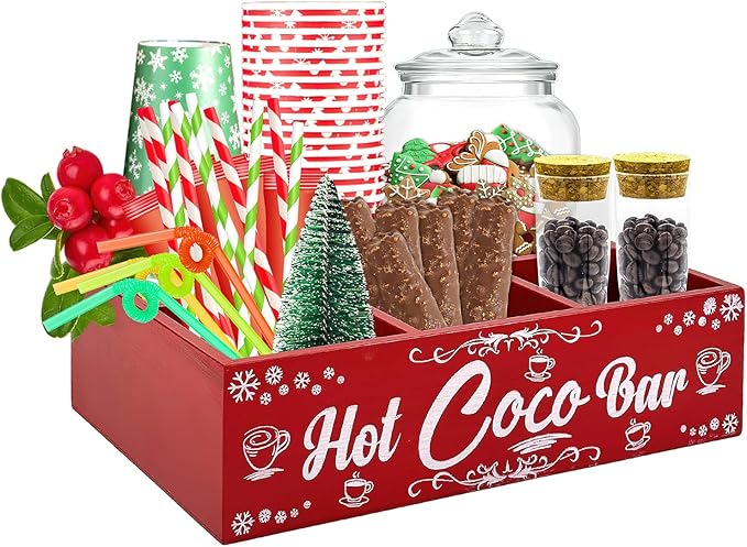 Christmas Hot Cocoa Bar Wood Coffee Station Organizer Countertop with 4 Compartment Decorative Christmas Cocoa Wood Storage Bin Vintage Open Holder Box for Home Kitchen Holiday Decor
