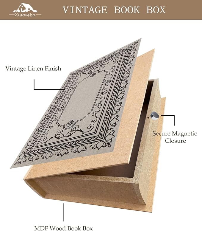 Decorative Wooden Book Box - Vintage Faux Book Boxes for Home Decor, Secret Storage with Magnetic Closure, Antique Style, Linen Cover Design, Perfect for Home Office Bookshelf, 10x7x1.6 Inches