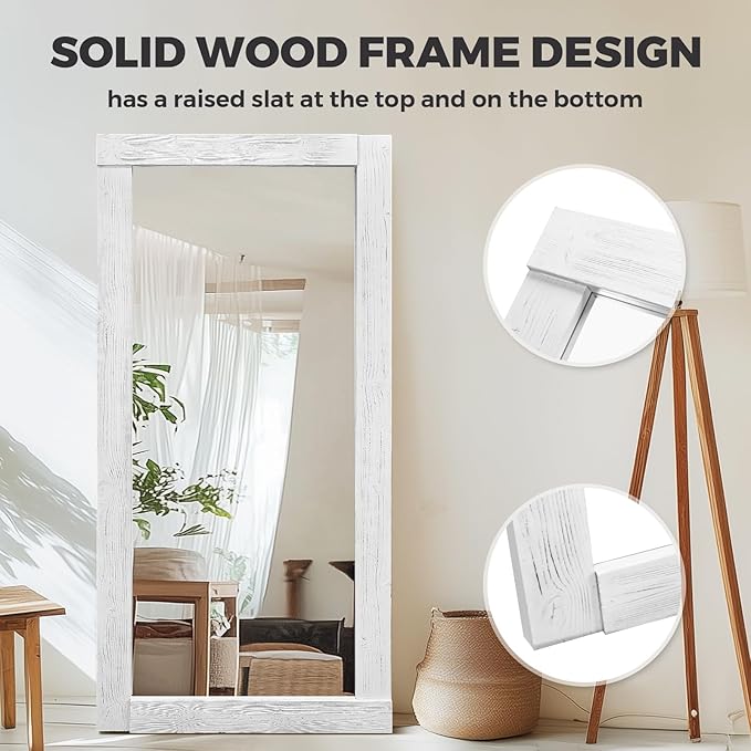 Full Length Mirror 71"x32" – Solid Wood Frame, HD Tempered Glass, Wall Mounted & Leaning, Rustic Modern Decor for Bedroom, Living Room, Entryway, White