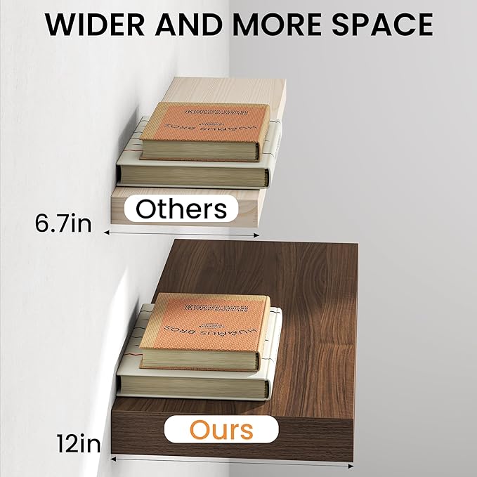 Walnut Floating Shelves 55Inch Long, 12 Inch Deep Floating Shelves for Wall, 55 x 12 Large Floating Shelf for Fireplace Mantel, 2" Thicked Rustic Wall Shelves for Living Room, Bedroom Storage, 2 Packs