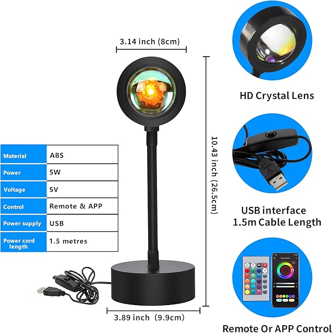 Sunset Lamp Projector, Multicolor Changed Night Light with Remote,APP Control, 360°Rotation for Party, Bedroom Decor,Tiktok,Photography