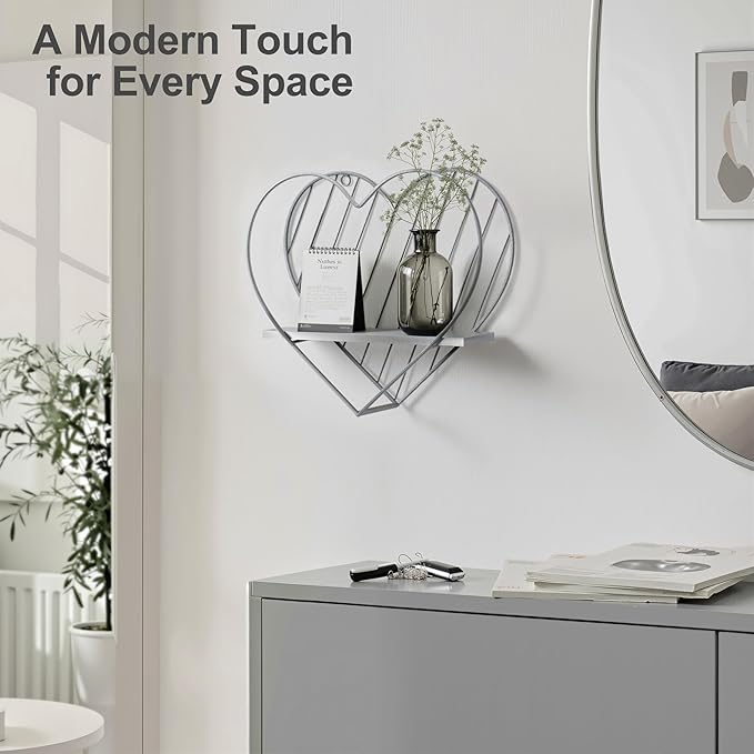 Afuly Wall Shelf Metal Grey Floating Shelves Heart Design Small Shelf Storage Rack Modern Romantic Farmhouse Style Cute Fancy Unique Nursery Room Bathroom Bedroom Wall Decor