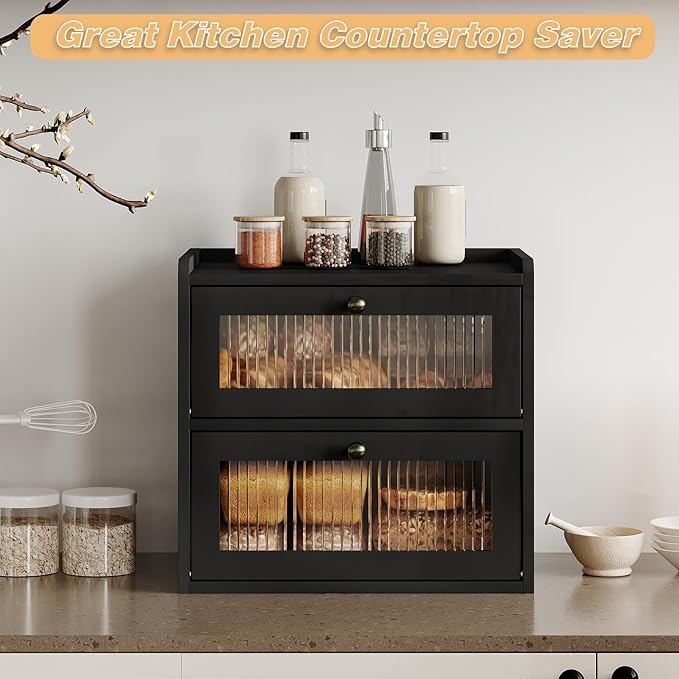 Alpeir Double Layer Large Bread Box for Kitchen Counter, Wooden Corner Bread Storage Container with Acrylic Window, Black