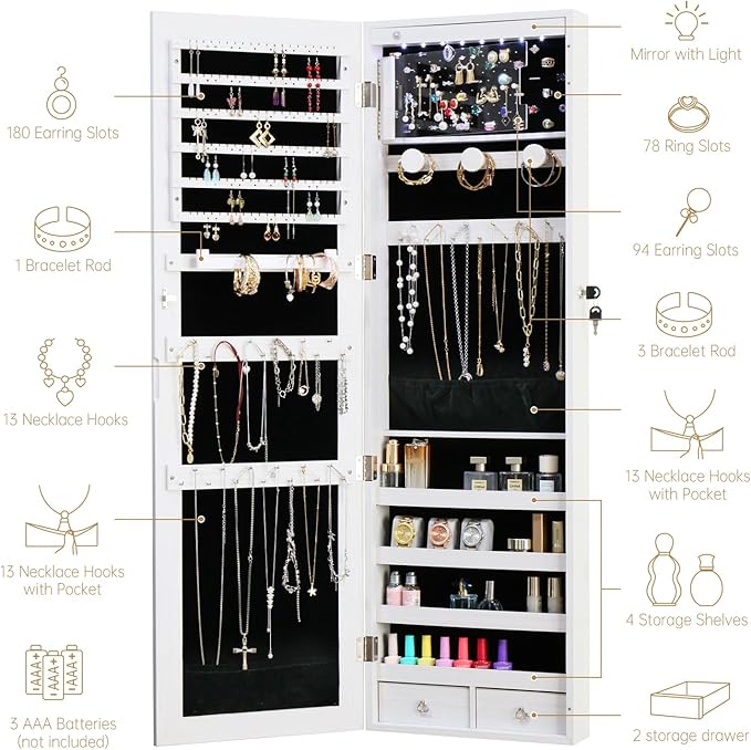 LED Jewelry Cabinet with Mirror - 47.3" Mirror Jewelry Armoire Door Hanging/Wall Mounted Mirror with Storage And Drawers White