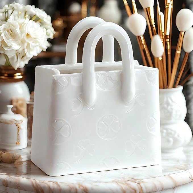Handbag Shaped Ceramic Vase – White Small Decorative Vase with Clover Pattern, 5.9" L x 2.95" W x 7.08" H, Multi-Use for Flowers, Makeup Brushes & Pens, Elegant Gift for Women, Home & Wedding Decor