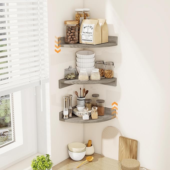 Corner Shelves 3-Pack for Bathroom & Kitchen, Space-Saving Floating Corner Wall Shelf with Easy Installation- Grey