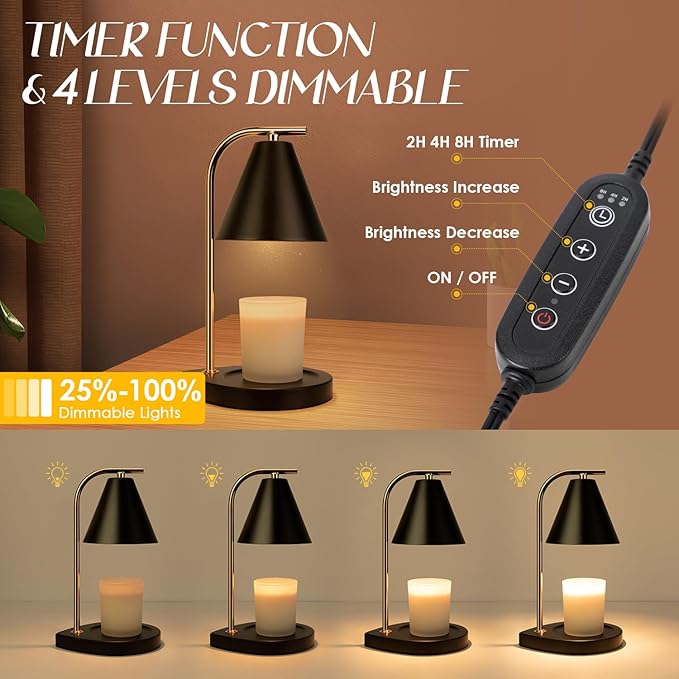 Aimoptg Candle Warmer Lamp with Timer, Dimmable Candle Lamp for Small and Large Jar Candles, Modern Candle Warmer Lamp with 2 Bulbs(Black Gold)