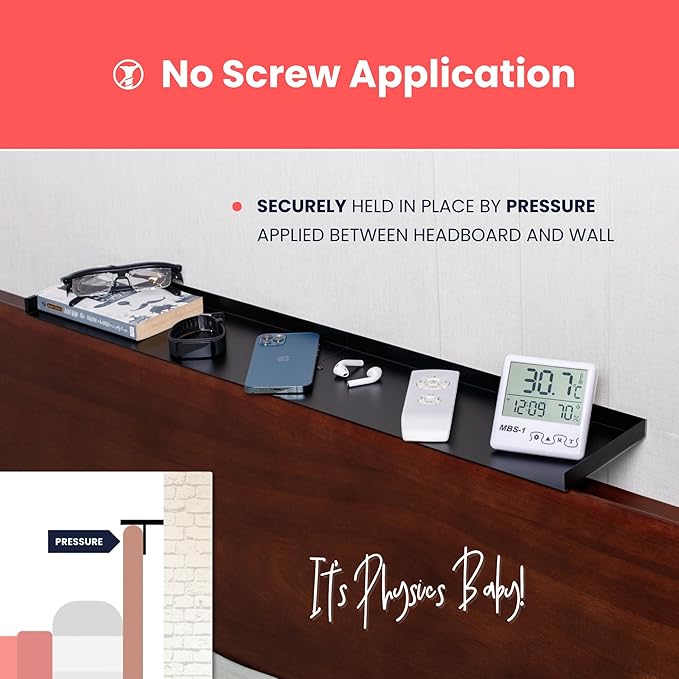 Home in Bold No-Screws Bed Headboard Shelf Attachment (Only for Straight headboards) - Metal Twin, King, Queen - Renter Friendly Over Storage for Bed - Dorm Headboard Shelf King Queen