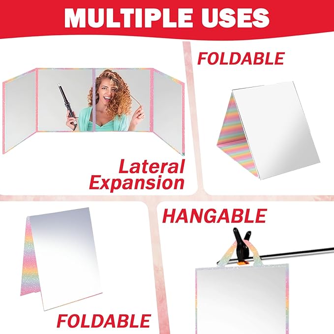 Foldable Full Length Mirror 2-in-1 Wall-Mounted or Tabletop Mirror, Portable Travel Mirror with Handle for Dance Home Bedroom Wardrobe Stage Makeup Checks Camping Outdoor Use (47" x 12.5", Tri-Fold)