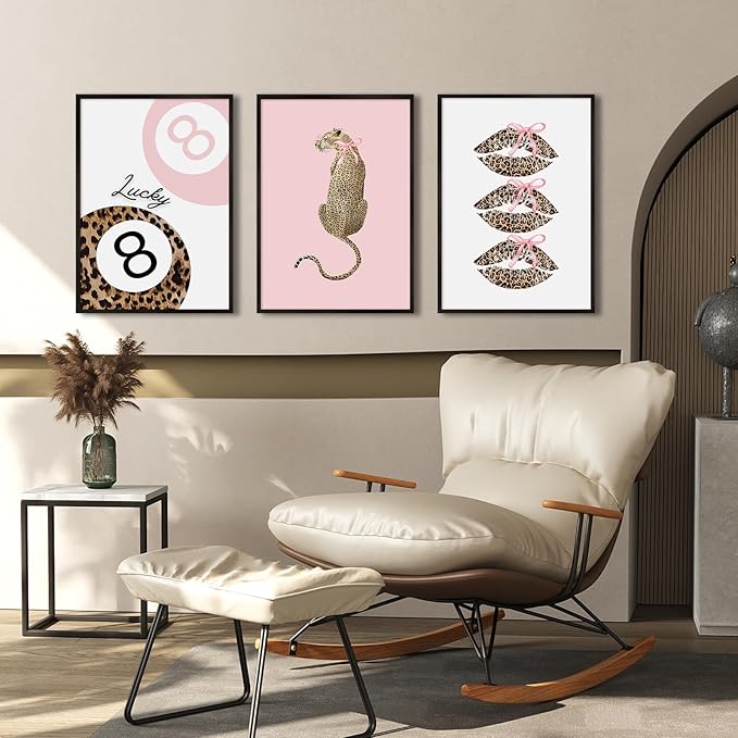 Pink Leopard Wall Art Decor Cheetah Trendy Poster Preppy Aesthetic Canvas Room Decor Pictures Coquette Y2k Wall Art 8 Ball Prints Pink Fashion Bow Artwork for Girls Bedroom 16x24x3 Inch Unframed