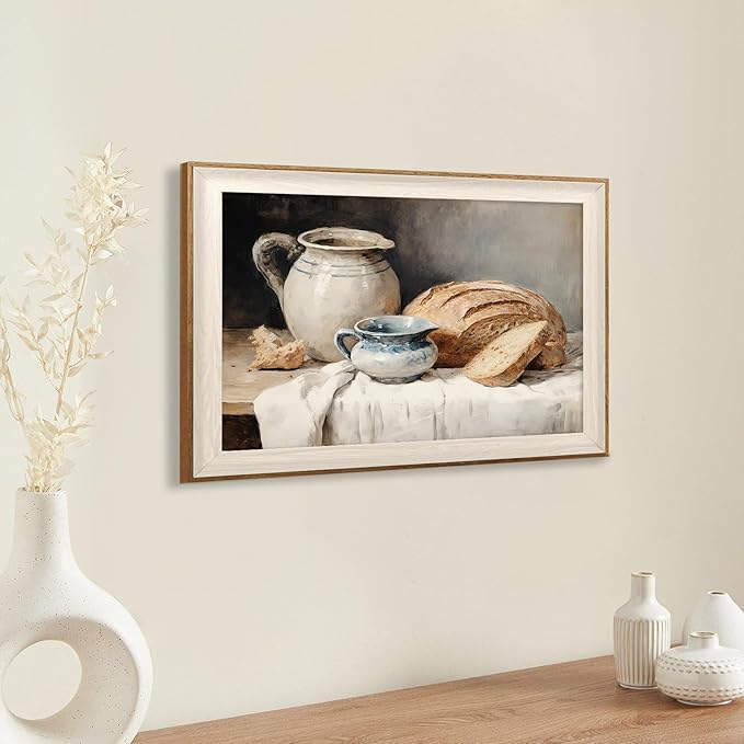 ASTRDECOR Framed Kitchen Wall Art, Modern Muted Still Life Painting Farmhouse Wall Decor, Sourdough Bread Canvas Art Prints, Rustic Jars White Tablecloth Country Wall Decor Living Room-16''x 24''