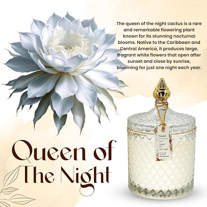 VIONAMI Luxury Scented Candle Gift – Queen of The Night Rare Flower Fragrance in Elegant Glass Jar, Decorative Soy Candles Gifts for Women, Long-Lasting 80 Hr, 14.8 oz, Luxury Candles for Women