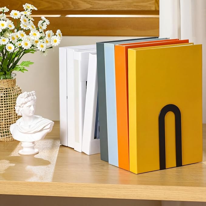 Chunful 4 Pcs Modern Metal Book Ends for Shelves Decorative Small Bookends Book Shelf Organizer Minimalist Design Stopper to Hold Books for Home Office (Black,5.5 * 3.75 * 2.25inch)