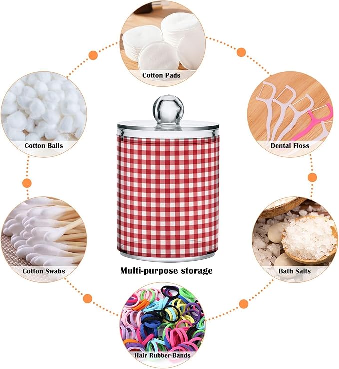 Red White Gingham 14oz Storage Jars with Lids, Clear Plastic Airtight Kitchen Food Canisters for Candy, Salt, Coffee Beans, 2 Pack