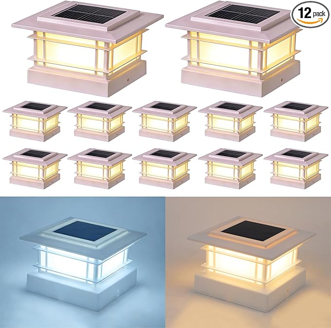 Dynaming 4x4 Solar Post Cap Lights Outdoor with 2 Color Modes, Fence Post Solar Lights White Shell Fit for Vinyl/Wooden Posts, High Brightness SMD LED Lighting Decor for Garden Deck Patio, 12 Pack