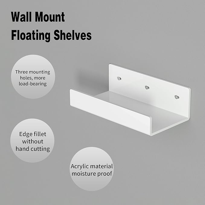 7 Inches White Acrylic Wall Display Shelves 2 Pack, U Shape, Wall Shelves Organizer for Bottles, Small Plants, Picture Frames, Beer, Wine, Décor