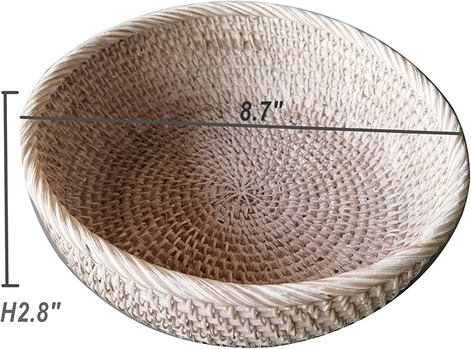Wash White Round Rattan Bowl Basket,White Decorative Handmade Wicker Basket Bowl with Deep Wall, Decorative Woven White Bread Basket Fruit Bowl Key Holder Table Centerpiece