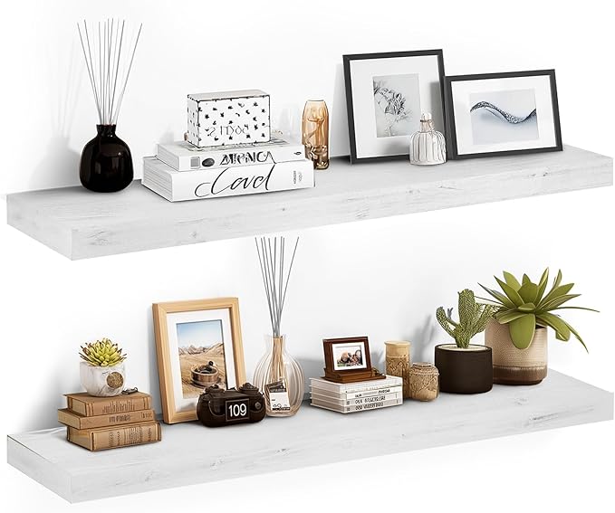 48x6.8x2in Floating Shelf – Natural White Solid Wood Rustic Mounted Shelf – Heavy Duty Decorative Storage for Living Room, Kitchen, Bathroom, Bedroom