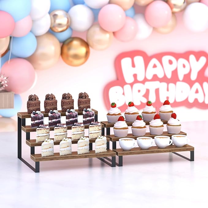 Wood Display Risers, 4 Tier 13.4IN Perfume Organizer Shelf with Metal Legs, Large Wooden Cupcake Stand Holder, Display Shelf Stand for Figures, Party, Makeup, Dessert Shelves for Party, Rustic Brown