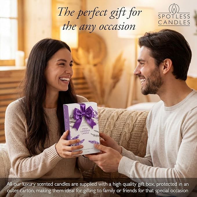 Spotless Leopard Fresh Lavender Candle 22oz Glass Jar with Wooden Wick in a Decorated Jar Within a Presentation Gift Box and Protective Shipping Box