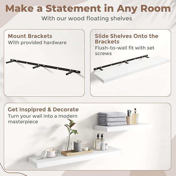 72 Inch Floating Shelves for Wall with Invisible Brackets Set of 2, 12"D Engineered Wood Wall Shelves with Wood Grain for Living Room, Bedroom, Bathroom, Kitchen Decor and Storage, White Finish