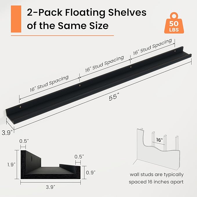 RICHFOCUS Picture Ledge Shelf, 55 inch Floating Shelves Set of 2, Wood Wall Shelves with Lip, Wall Decor Storage for Bedroom Living Room Bathroom Kitchen Nursery Photo Picture, Black