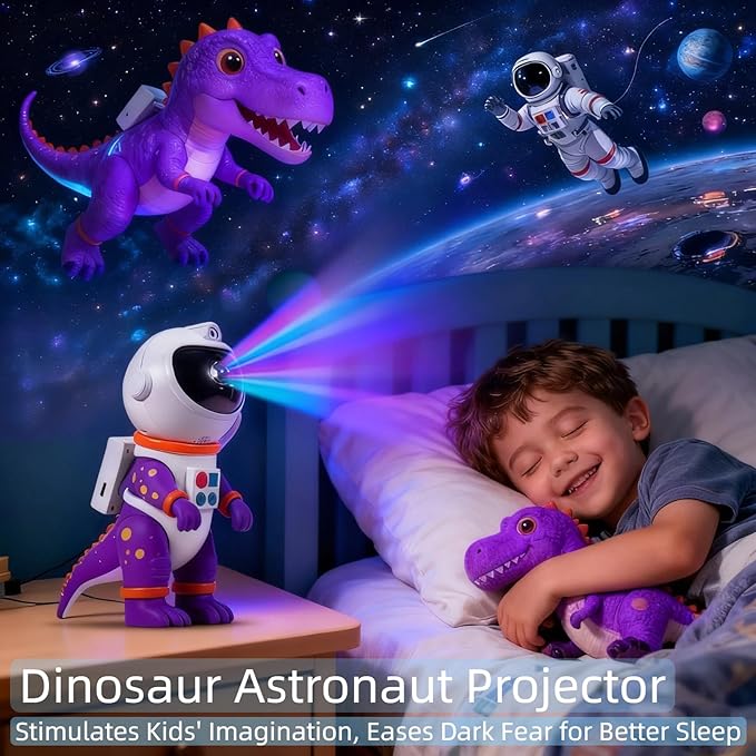 Galaxy Star Projection Night Light, Dinosaur Astronaut Space Projector with Timer, Remote Control, 8 Lighting Modes, Green Nebula Effects for Kids Room Ceiling Decor(Purple)