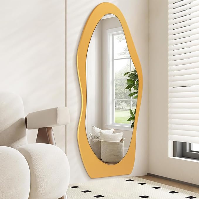 Full Length Mirror Gold Wooden Full Body Mirrors 59"x24" Irregular Wavy Mirror Full Length Floor Mirror for Cloakroom Bedroom Living Room