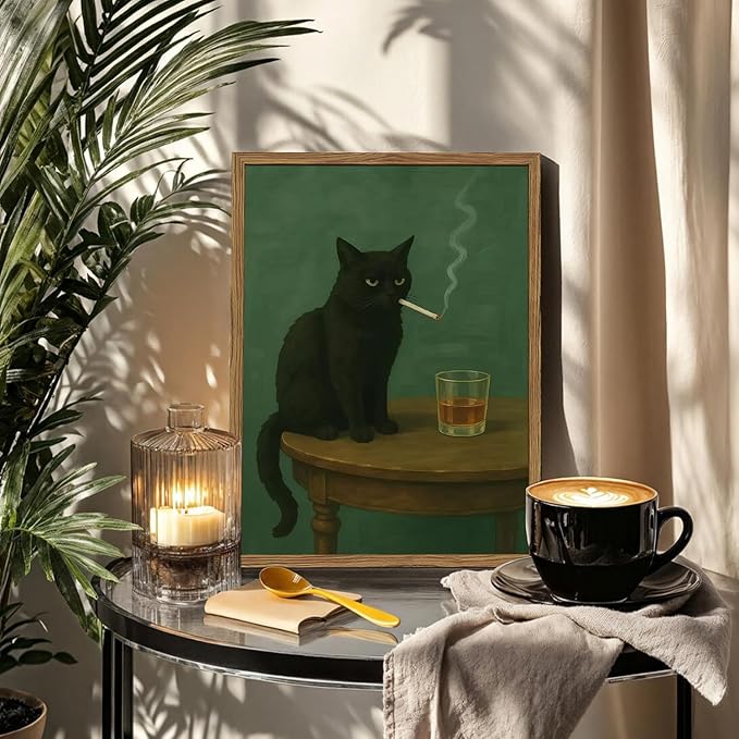 Moody Black Cat Wall Art, Funny Smoking Cat with Whiskey Wall Decor Painting Dark Humor Animal Bar Cart Poster Canvas Prints for Living Room Bedroom 16x24 inch Wood Framed
