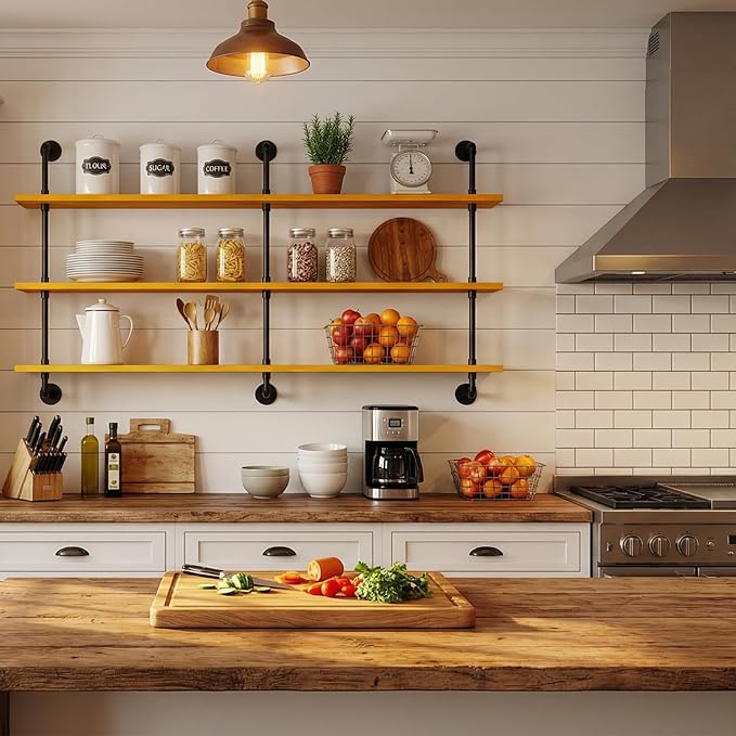 HDDFER Industrial Pipe Wall Shelves - 60" Rustic Natural Oak Solid Wood, 9.85" Deep Floating Shelving for Farmhouse Rustic Decor, Sturdy Storage for Books/Plants/Toiletries