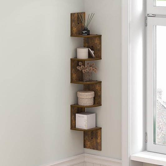 Furinno Rossi Floating Book Shelves for Wall, 5-Tier Zigzag Corner Shelf Wall Mounted, Radial Corner Floating Shelf, for Living Room, Bedroom, Bathroom, Home Office, Amber Pine