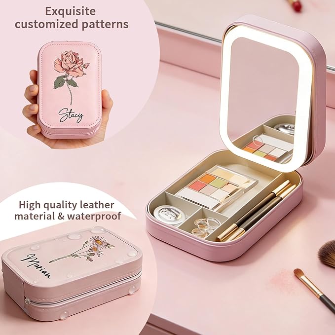 Personalized Travel Jewelry Case with LED Mirror, Custom Jewelry Box with Birth Flower & Name, Customized Leather Makeup bag, Portable Organizer Box Gifts for Women, Mother, Daughter