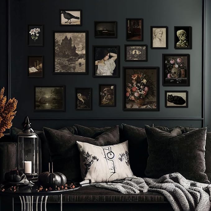 ANERZA 16 PCS Dark Academia Room Decor, Gothic Home Decor, Moody Wall Art Prints for Bedroom, Witchy Posters for Room Aesthetic, Wall Collage Kit Pictures for Living Room, Halloween Dorm Gallery Decor