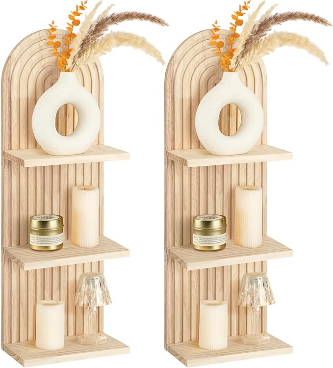 Geetery 2 Pcs Boho Wall Shelf Arch Wooden Floating Shelves Mid Century Rainbow Wall Shelf Hanging Holder Double Vintage Mount Altar Decor for Nursery Bedroom(3 Tier)