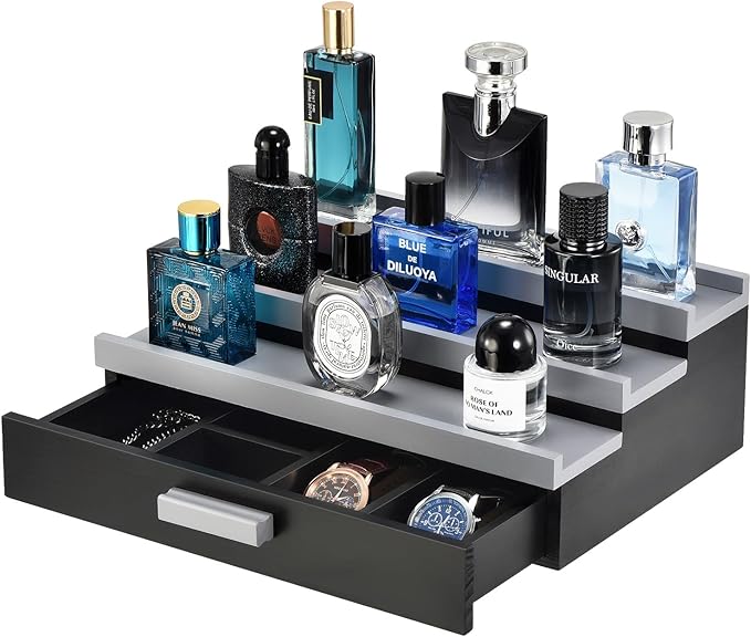 Perfume Organizer for Men, 3 Tier Wood Perfume Display Stand with Velvet Lining Drawer and Hidden Compartment for Watch,Jewelry,Perfume Display Risers,A Gift for Men (Black+Gray)