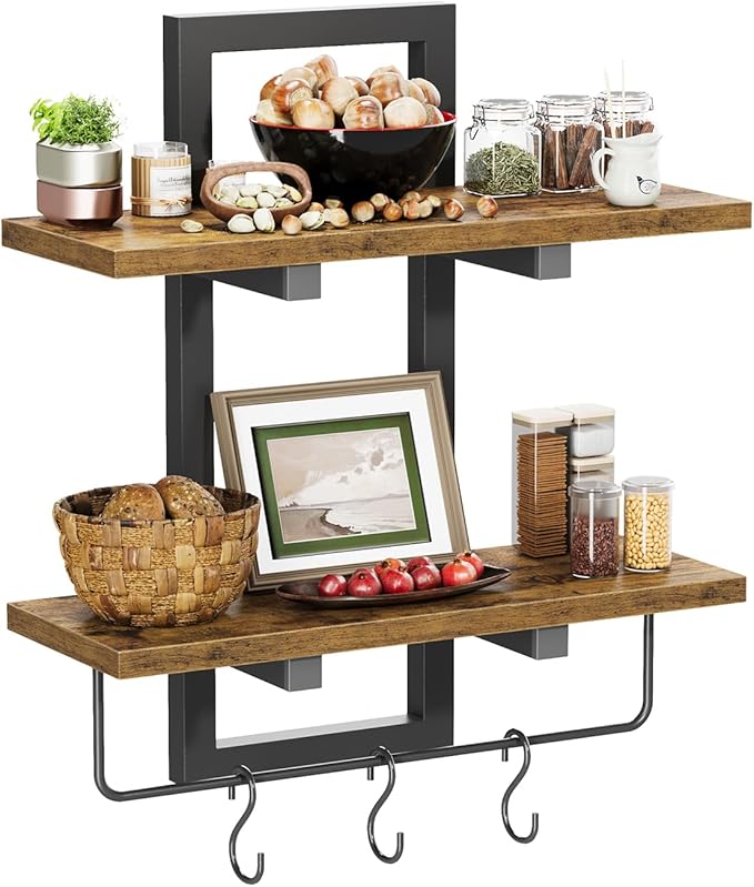 Creso hom Floating Shelves for Wall Set of 2, Wood Wall Shelf with 6 Hooks, 2 Tier Hanging Decorative Storage Shelves for Living Room Bedroom Bathroom Kitchen Office Coffee Bar, Rustic Brown